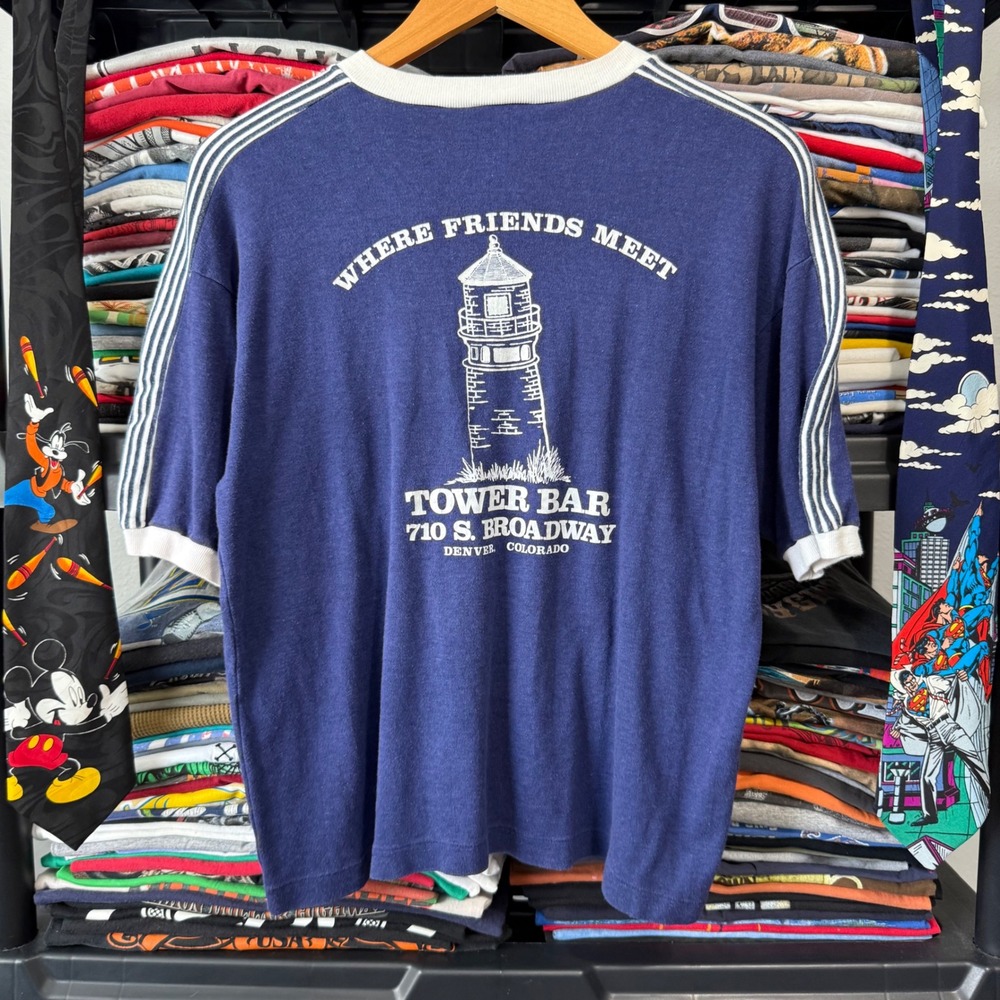 Vintage Blue Tower Bar Denver Colorado Graphic Ringer T Shirt Large / Medium